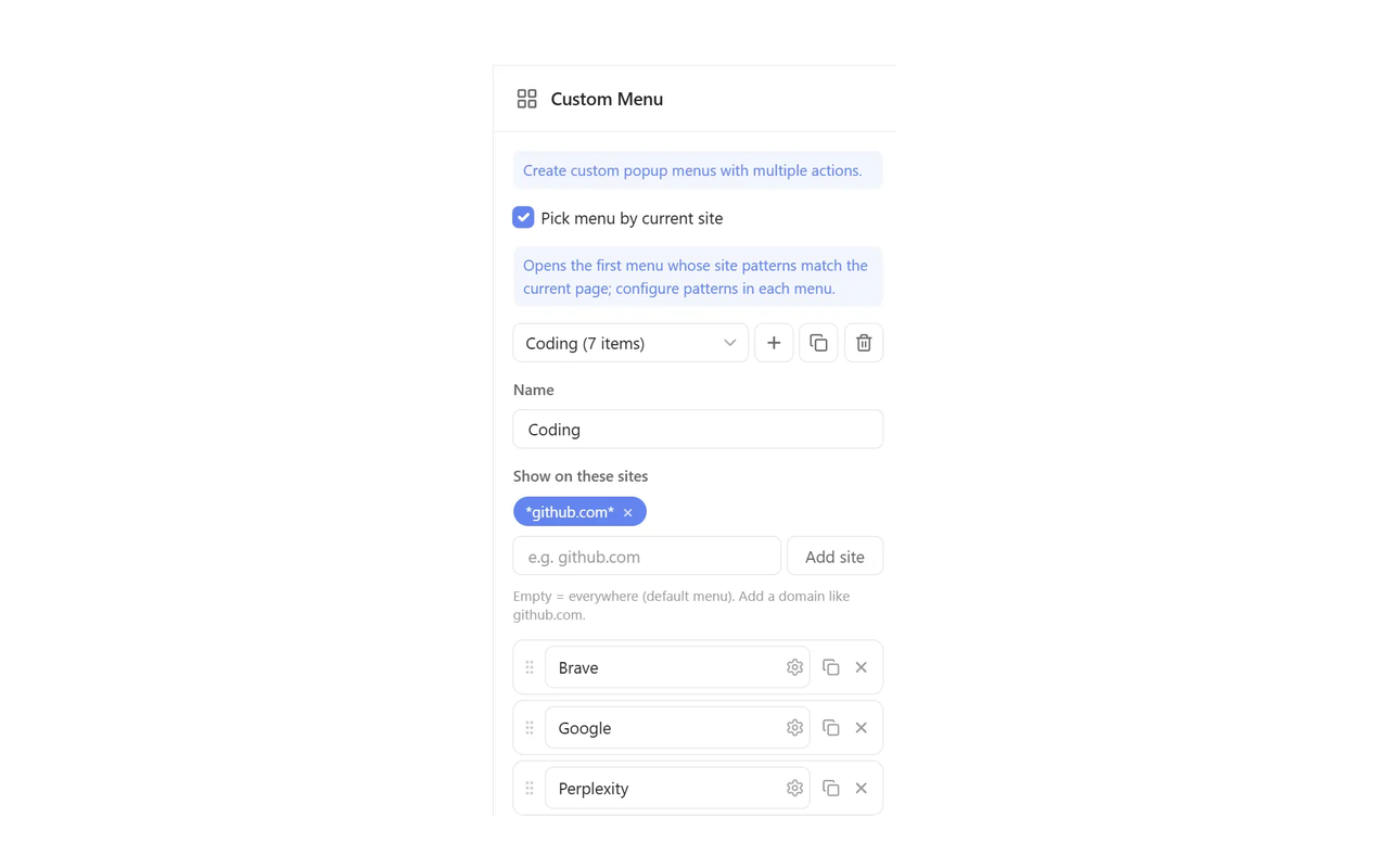 Per-site menus with URL patterns